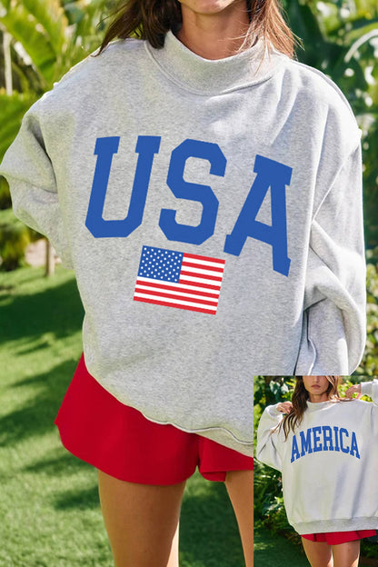 USA America Letter Reversible Graphic Mock Neck Sweatshirt: Light Grey / S