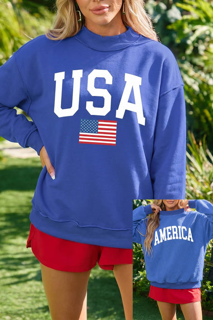 USA America Letter Reversible Graphic Mock Neck Sweatshirt: Light Grey / L