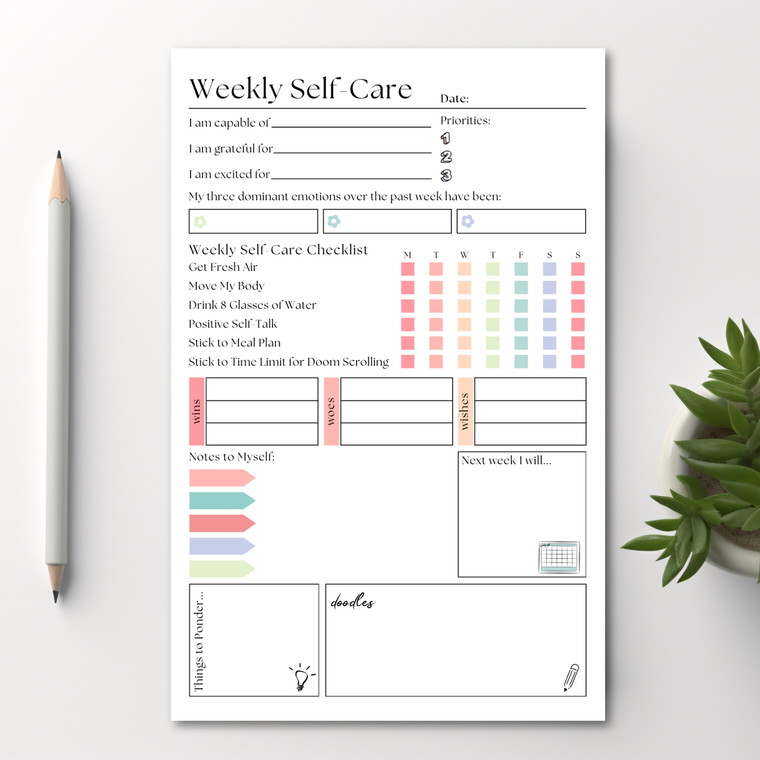 Weekly Self-Care Planner: 50 Page Tear-Off Notepad