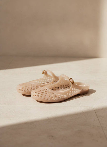 MACY-01 Woven Jelly Mary Jane Flats with Buckle Strap: NUDE / B12