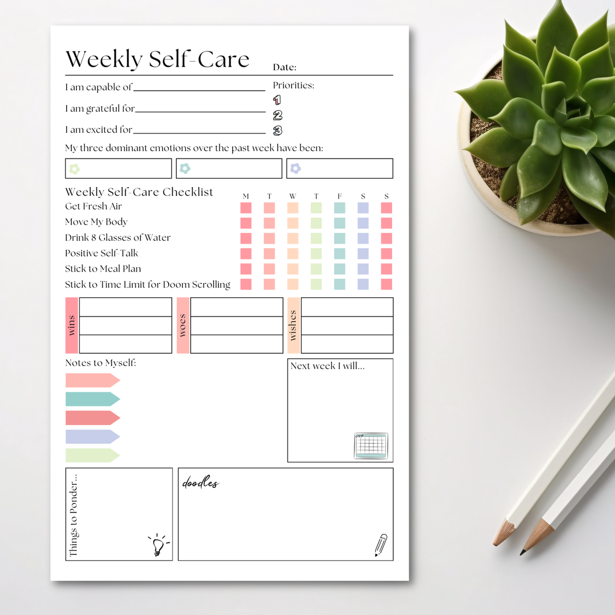 Weekly Self-Care Planner: 50 Page Tear-Off Notepad