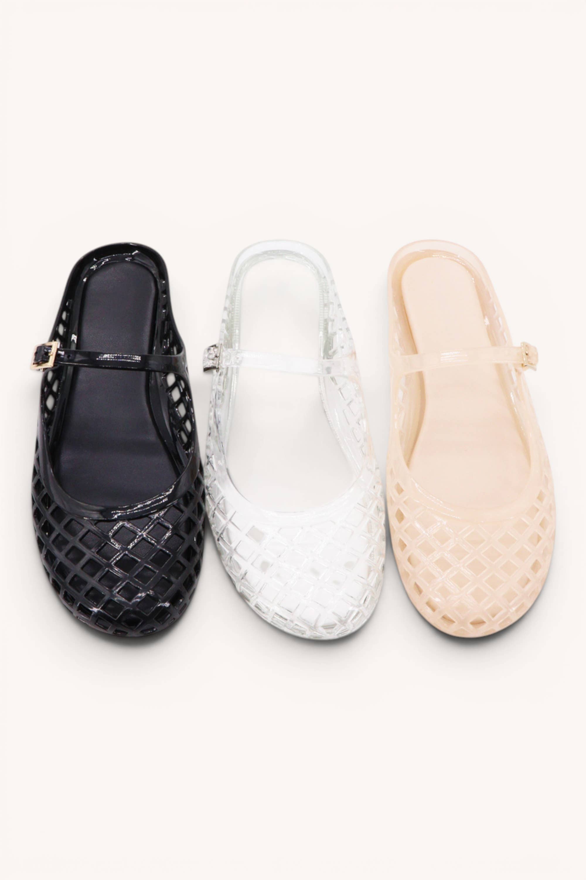MACY-01 Woven Jelly Mary Jane Flats with Buckle Strap: NUDE / B12