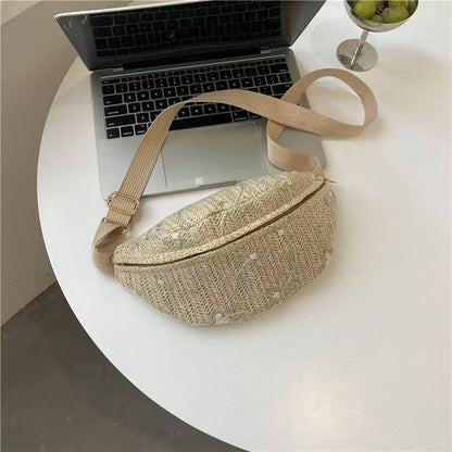 RAFFIA STRAW WAIST FANNY PACK CROSSBODY BELT BAG | 40P559: Beige
