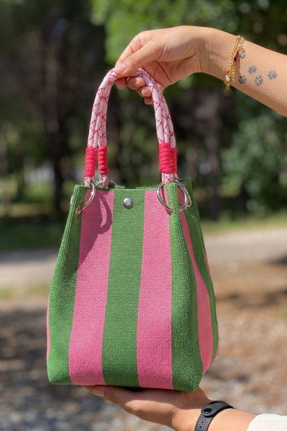 Boho Striped Tote Bag with Metal Ring Handle 10.2"*6.3"*6.7": Fern Green / One Size