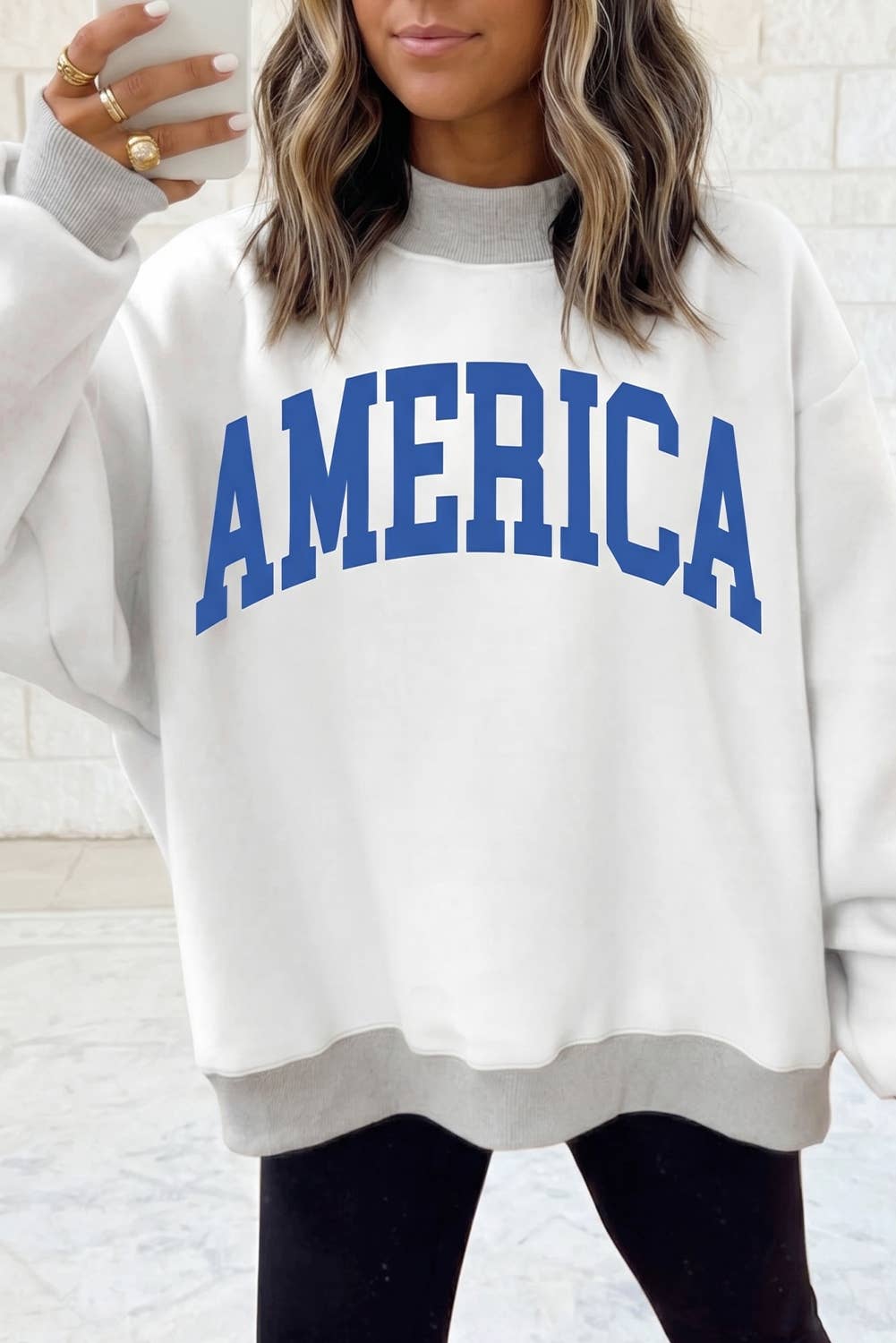 USA America Letter Reversible Graphic Mock Neck Sweatshirt: Light Grey / XL