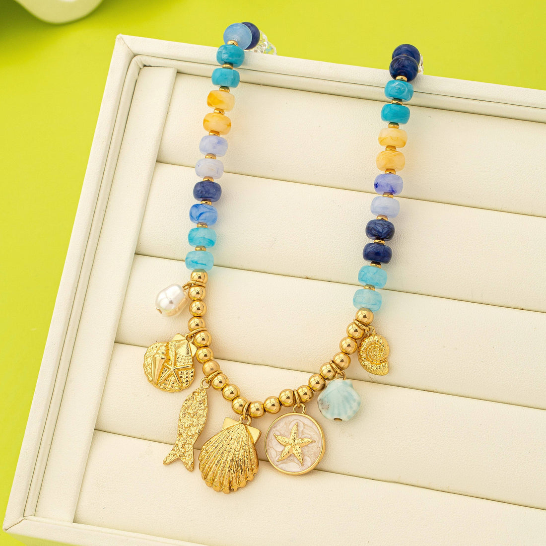 Nautical Blue Beaded Sealife Charm Necklace | 80N92927: Gold