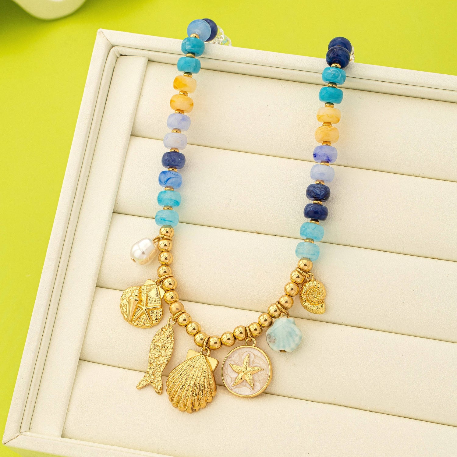 Nautical Blue Beaded Sealife Charm Necklace | 80N92927: Gold