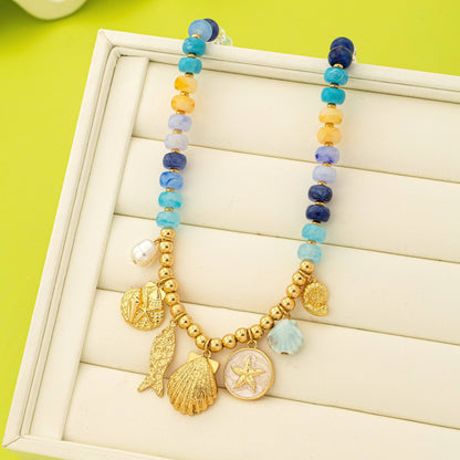 Nautical Blue Beaded Sealife Charm Necklace | 80N92927: Gold