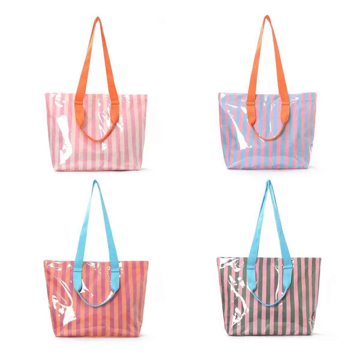 Large Striped Vinyl Tote Bags with Shoulder Strap | 40P619: Pink Green