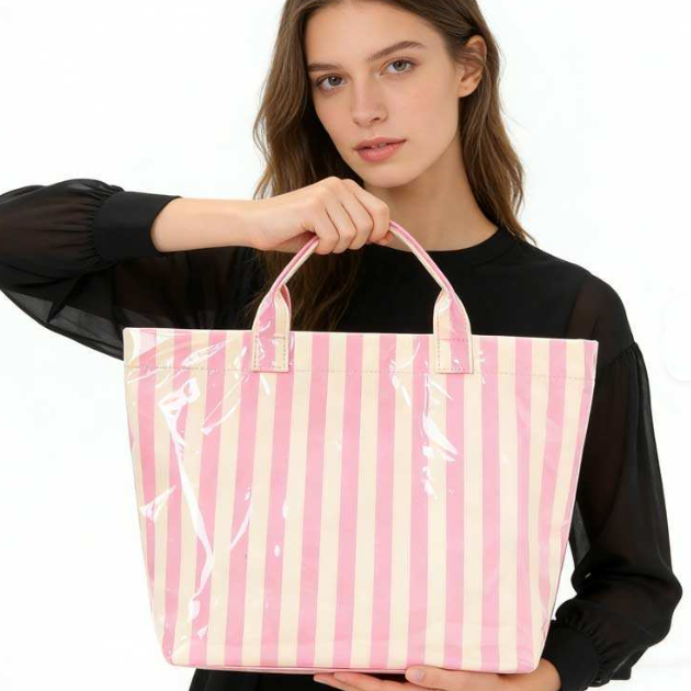 Large Striped Vinyl Tote Bags | 40P595: FUCHSIA ORANGE