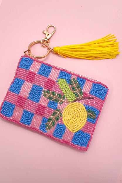 CHECKER FRUIT SEED BEAD COIN TASSEL PURSE 91CP1008: CHERRY 980