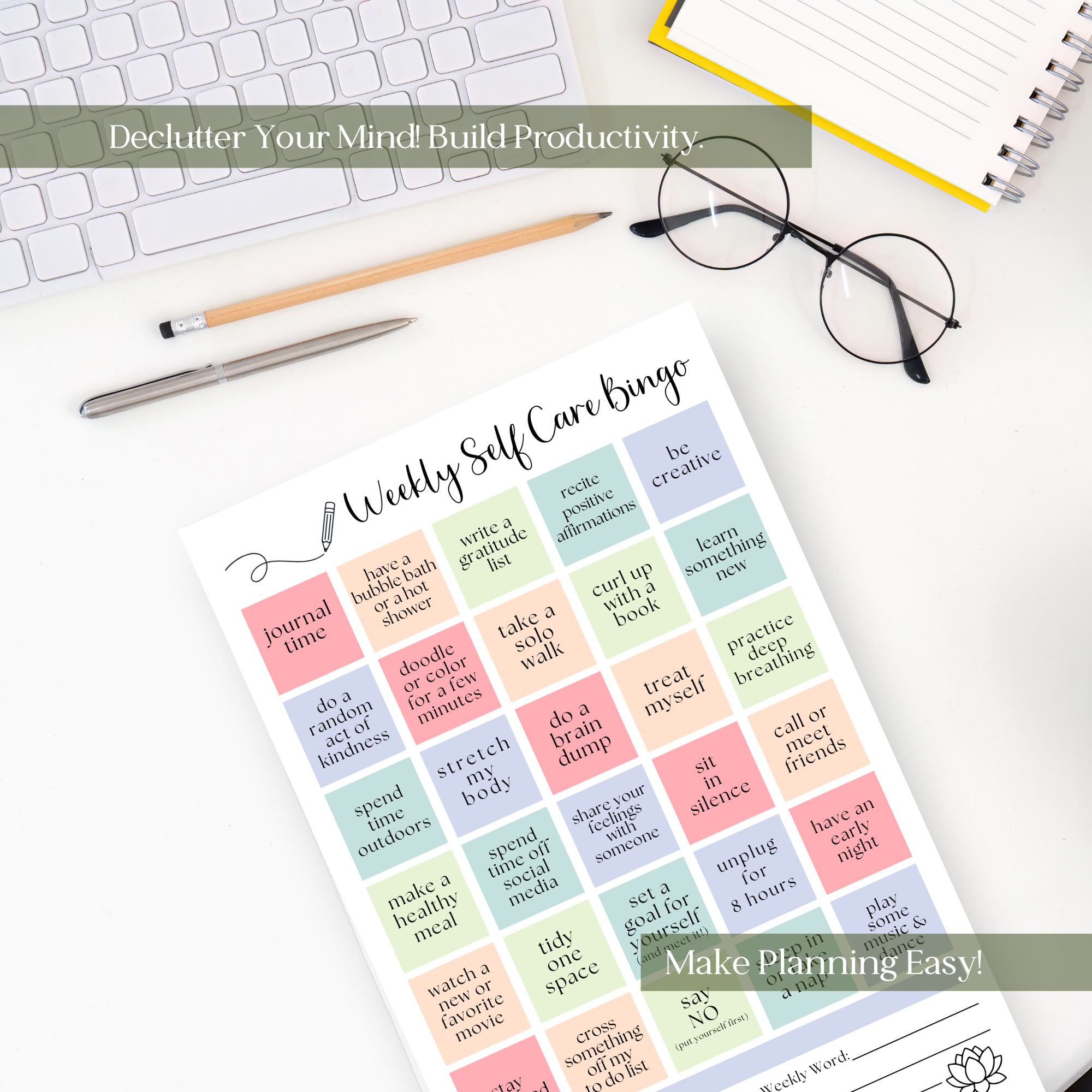 Weekly Self-Care BINGO Planner: 50 Page Tear-Off Notepad