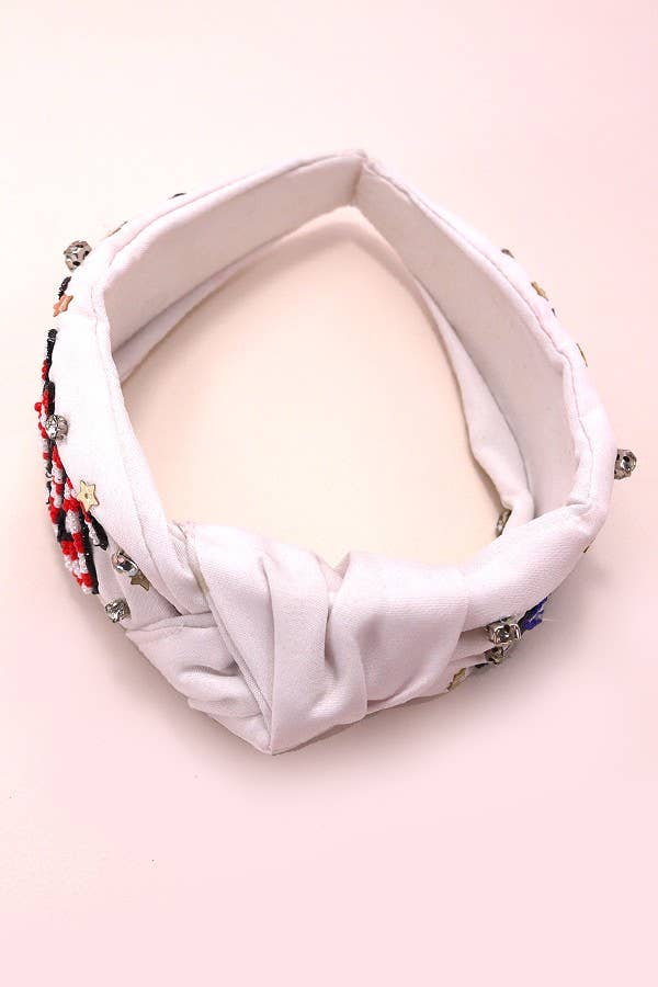 4TH OF JULY SEEDBEAD STARS STRIPES HEADBAND | 91HB5258: White