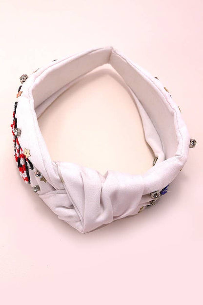 4TH OF JULY SEEDBEAD STARS STRIPES HEADBAND | 91HB5258: White