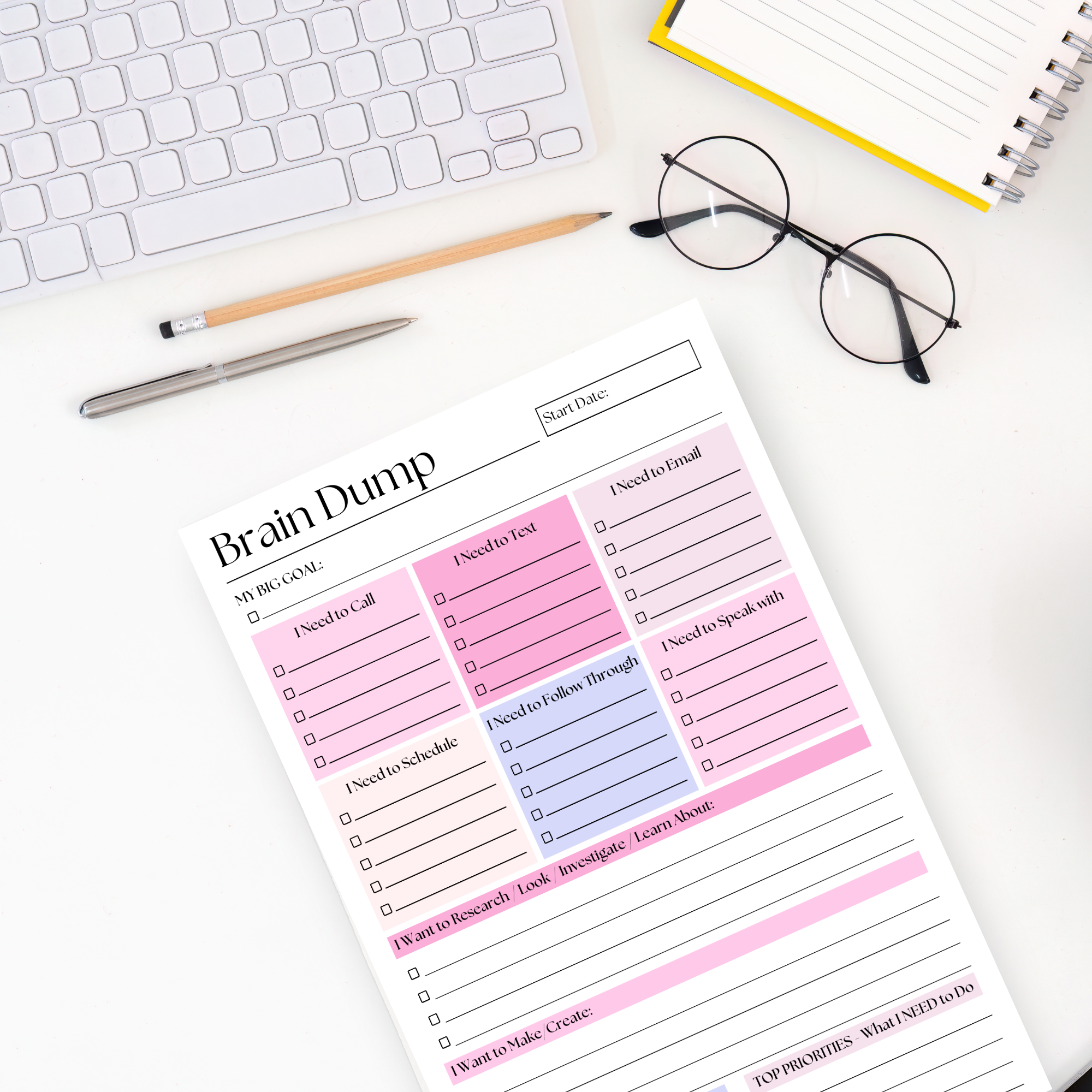 Brain Dump Notepad: Pink 50-Page Daily ADHD Planner